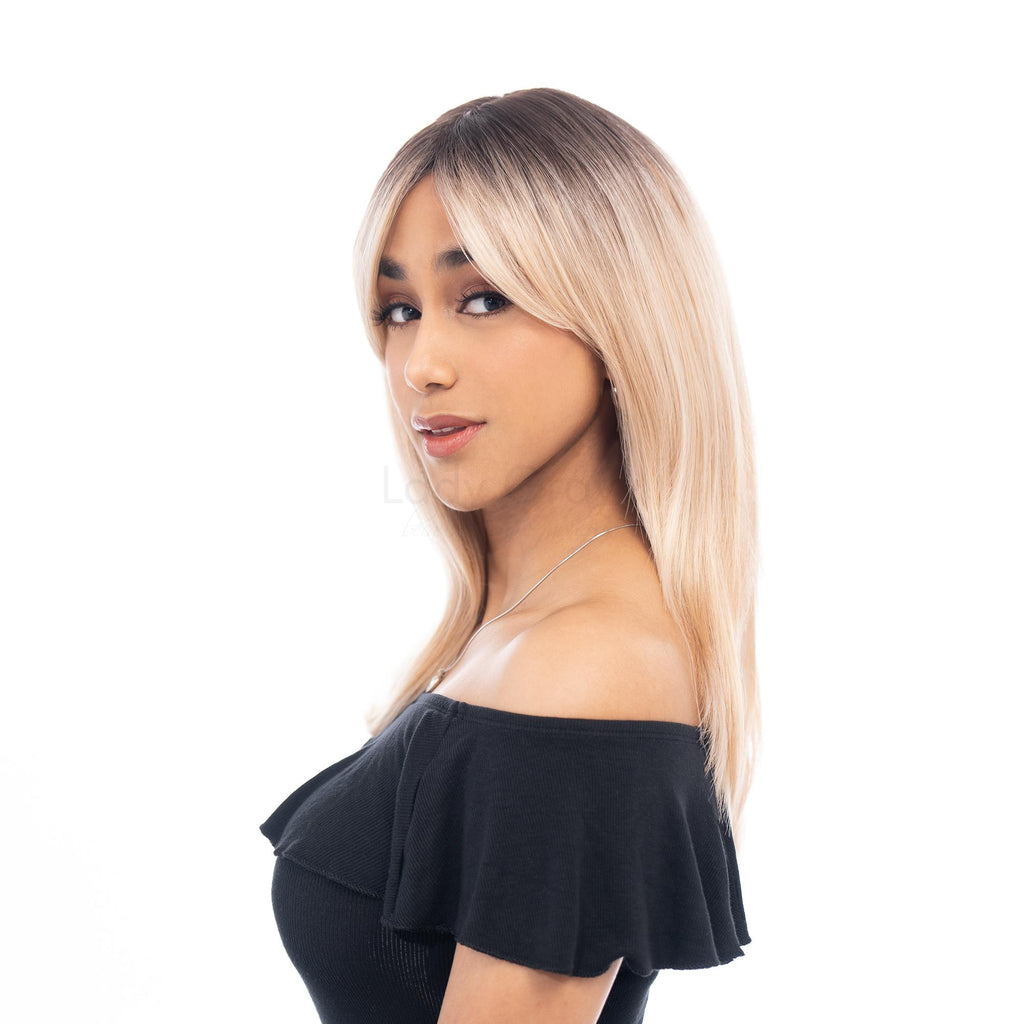 Blackish Brown to Light Straw Gold Blonde Ombré with Platinum Highlights Long Layered Light Wave HQ Synthetic Wig |   【with Bangs】【Adjustable, Glueless】【USA Stocked】【Cap Included】   |    #10