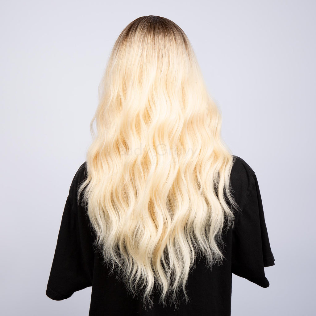 Muted Mocha Brown to Light Yellowish Blonde Ombré Medium Long Gentle Open Waves HQ Synthetic Wig | 【Bangs】【Adjustable, Glueless】【250F Heat Resistant】【Cap Included】 | #27