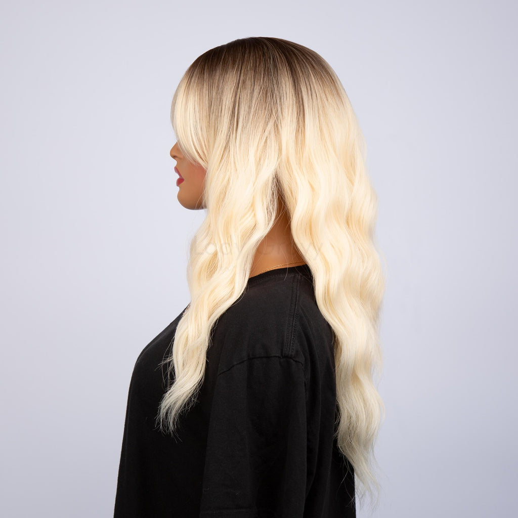 Muted Mocha Brown to Light Yellowish Blonde Ombré Medium Long Gentle Open Waves HQ Synthetic Wig | 【Bangs】【Adjustable, Glueless】【250F Heat Resistant】【Cap Included】 | #27