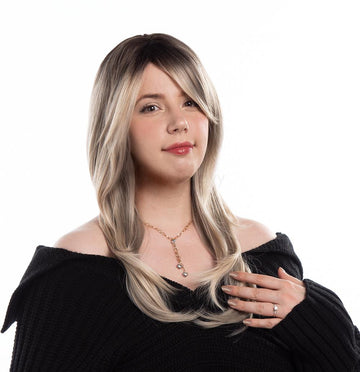 Dusk Black to Medium Sheen Light Ash Sand Blonde Ombré Long Wavy HQ Synthetic Wig |  【Bangs】【Adjustable, Glueless】【250F Heat Resistant】【Cap Included】 | #36