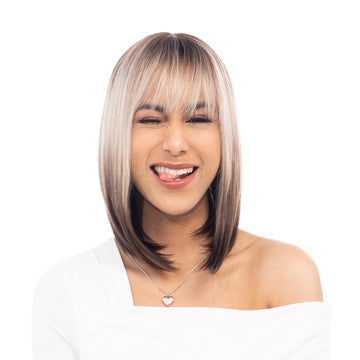 Chocolate Brunette to Light Ash Blonde Gray Reverse Ombré Medium Long Straight HQ Synthetic Wig | 【Bangs】【Wig Cap Included】【250°F Heat Resistant】【Adjustable, Glueless】 | #19