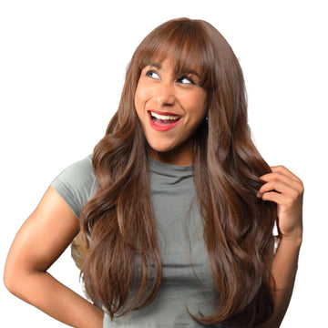 Rich Roasted Chestnut Brown Long Gentle Wavy HQ Synthetic Wig | 【Bangs】【Wig Cap Included】【250°F Heat Resistant】【Adjustable, Glueless】 | #29