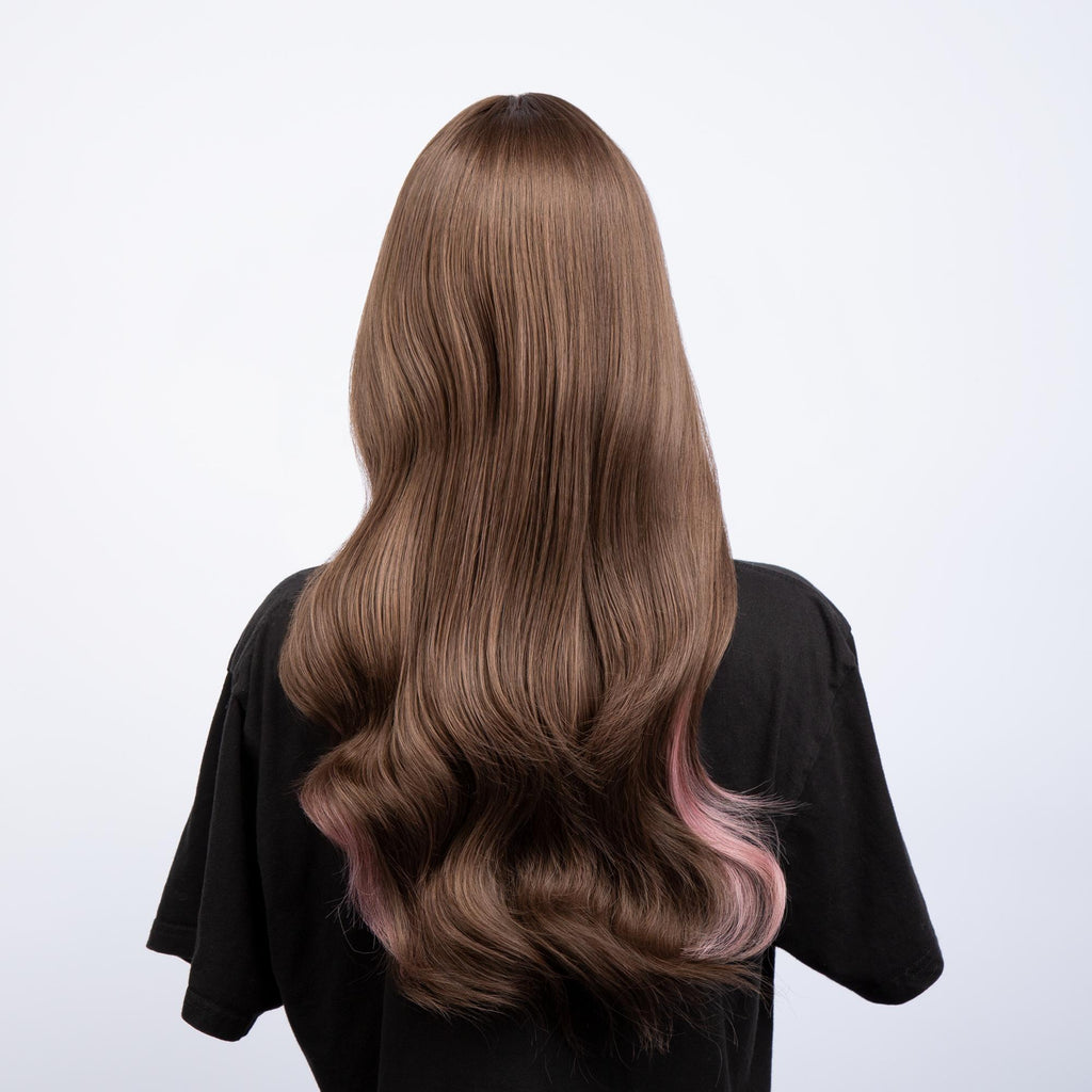 Chestnut Brown with Light Champagne Pink Underlights Long Straight with Wavy Ends HQ Synthetic Wig | 【Adjustable, Glueless】【250F Heat Resistant】【Cap Included】 | #33