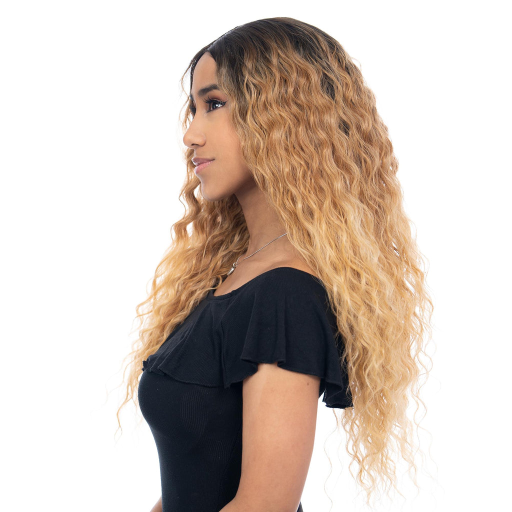 Rich Brunette to Yellowish Blonde Ombre Long Shallow Wave HQ Synthetic Wig | 【Frontal Lace】【Adjustable, Glueless】【250F Heat Resistant】【Cap Included】 | #40