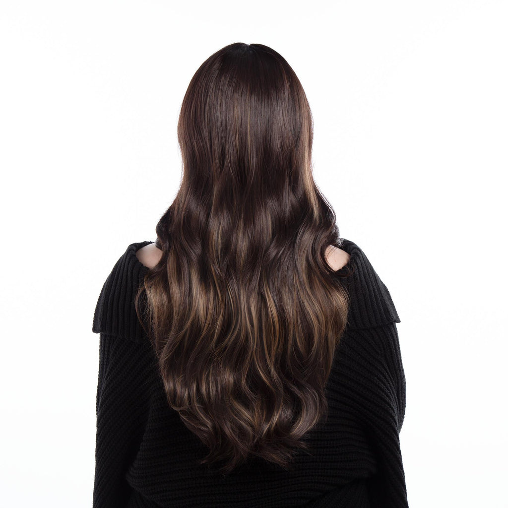 Darkest Brown with Carmel Blonde Lowlights Long Loose Wave HQ Synthetic Wig | 【Bangs】【Adjustable, Glueless】【250F Heat Resistant】【Cap Included】 | #8