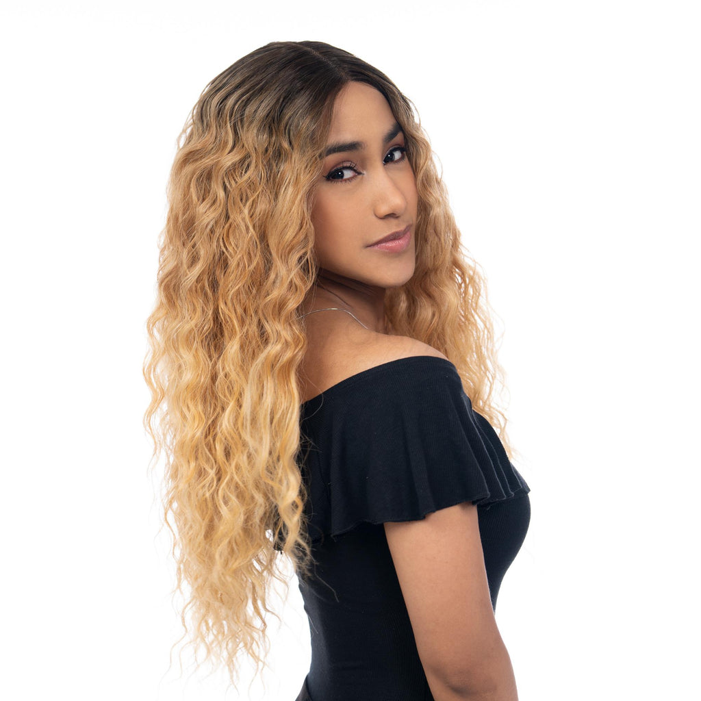 Rich Brunette to Yellowish Blonde Ombre Long Shallow Wave HQ Synthetic Wig | 【Frontal Lace】【Adjustable, Glueless】【250F Heat Resistant】【Cap Included】 | #40