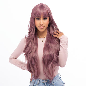 Lavender Purple Long Wavy HQ Synthetic Wig |  【Bangs】【Wig Cap Included】【250°F Heat Resistant】【Adjustable, Glueless】  | #16