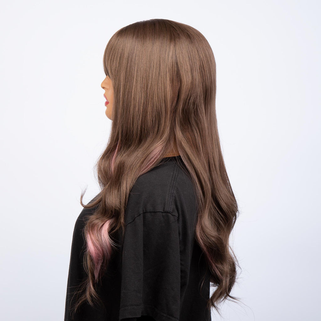 Chestnut Brown with Light Champagne Pink Underlights Long Straight with Wavy Ends HQ Synthetic Wig | 【Adjustable, Glueless】【250F Heat Resistant】【Cap Included】 | #33