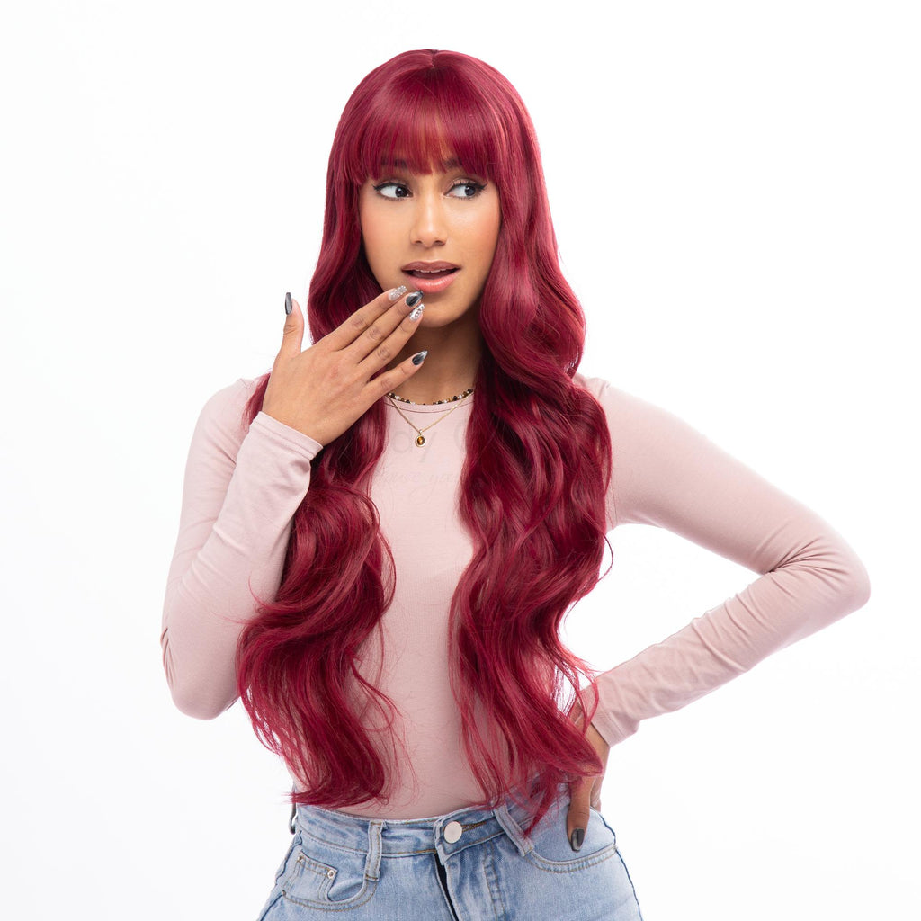 Red Wine Burgundy Long Loose Curl HQ Synthetic Wig | 【with Bangs】【Adjustable, Glueless】【USA Stocked】【Cap Included】 | #32