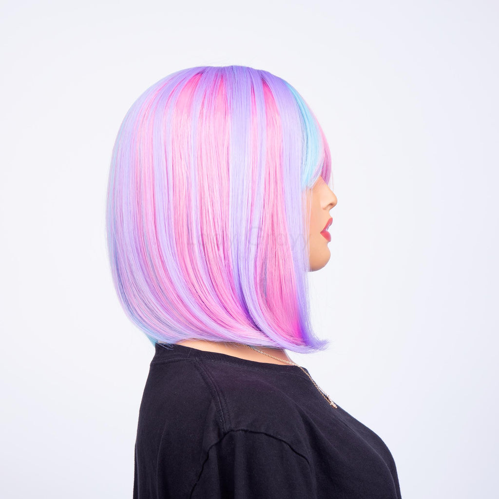 Neon Pastel Pink Blue Purple Multicolor Short Straight HQ Synthetic Wig | 【Bangs】【Wig Cap Included】【250°F Heat Resistant】【Adjustable, Glueless】 | #39