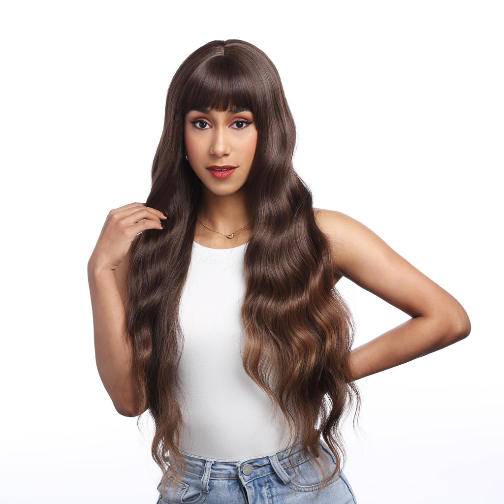 Espresso Brown Golden Auburn Ombre Long Synthetic HQ Synthetic Wig | 【with Bangs】【Adjustable, Glueless】【USA Stocked】【Cap Included】 | #30