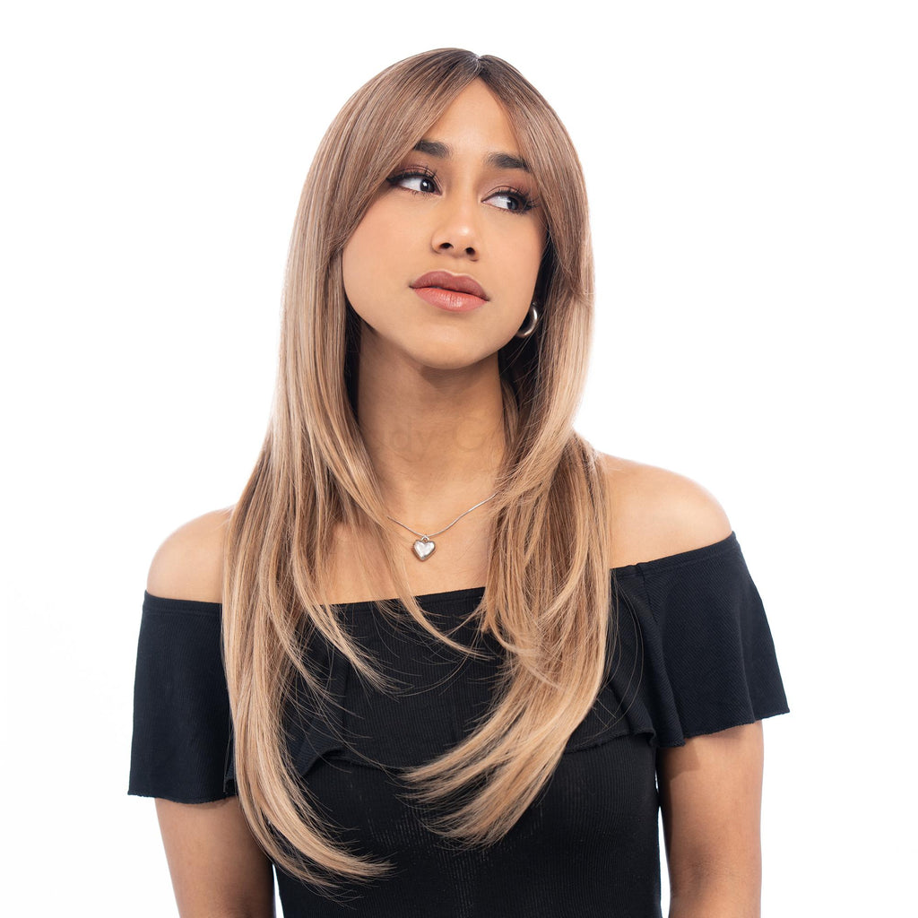 Hazel Brown with Honey Highlights Long Straight Inward Curve HQ Synthetic Wig | 【Wig Cap Included】【250°F Heat Resistant】【Adjustable, Glueless】 | #32