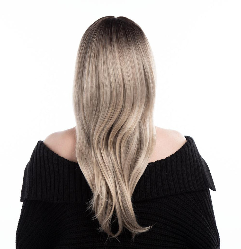 Dusk Black to Medium Sheen Light Ash Sand Blonde Ombré Long Wavy HQ Synthetic Wig |  【Bangs】【Adjustable, Glueless】【250F Heat Resistant】【Cap Included】 | #36