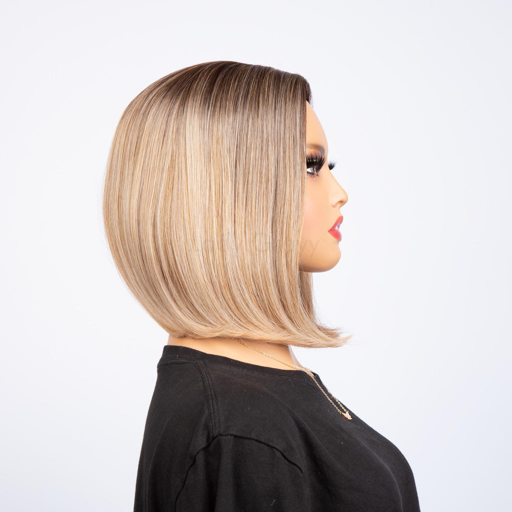 Black Rooted Honey Blonde Ombré with Ash Highlights Bob Straight HQ Synthetic Wig | 【Adjustable, Glueless】【Cap Included】【USA Stocked】 | #22