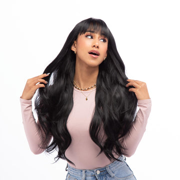 Matte Black Long Gentle Wave HQ Synthetic Wig | 【with Bangs】【Adjustable, Glueless】【Cap Included】【USA Stocked】 | #35