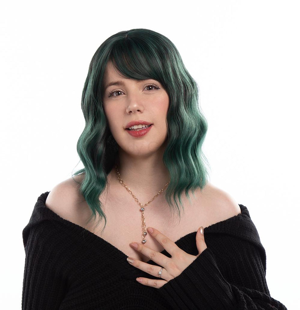 Mermaid Green Medium Long Wavy HQ Synthetic Wig | 【Bangs】【Wig Cap Included】【250°F Heat Resistant】【Adjustable, Glueless】 | #24