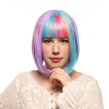 Neon Pastel Pink Blue Purple Multicolor Short Straight HQ Synthetic Wig | 【Bangs】【Wig Cap Included】【250°F Heat Resistant】【Adjustable, Glueless】 | #39