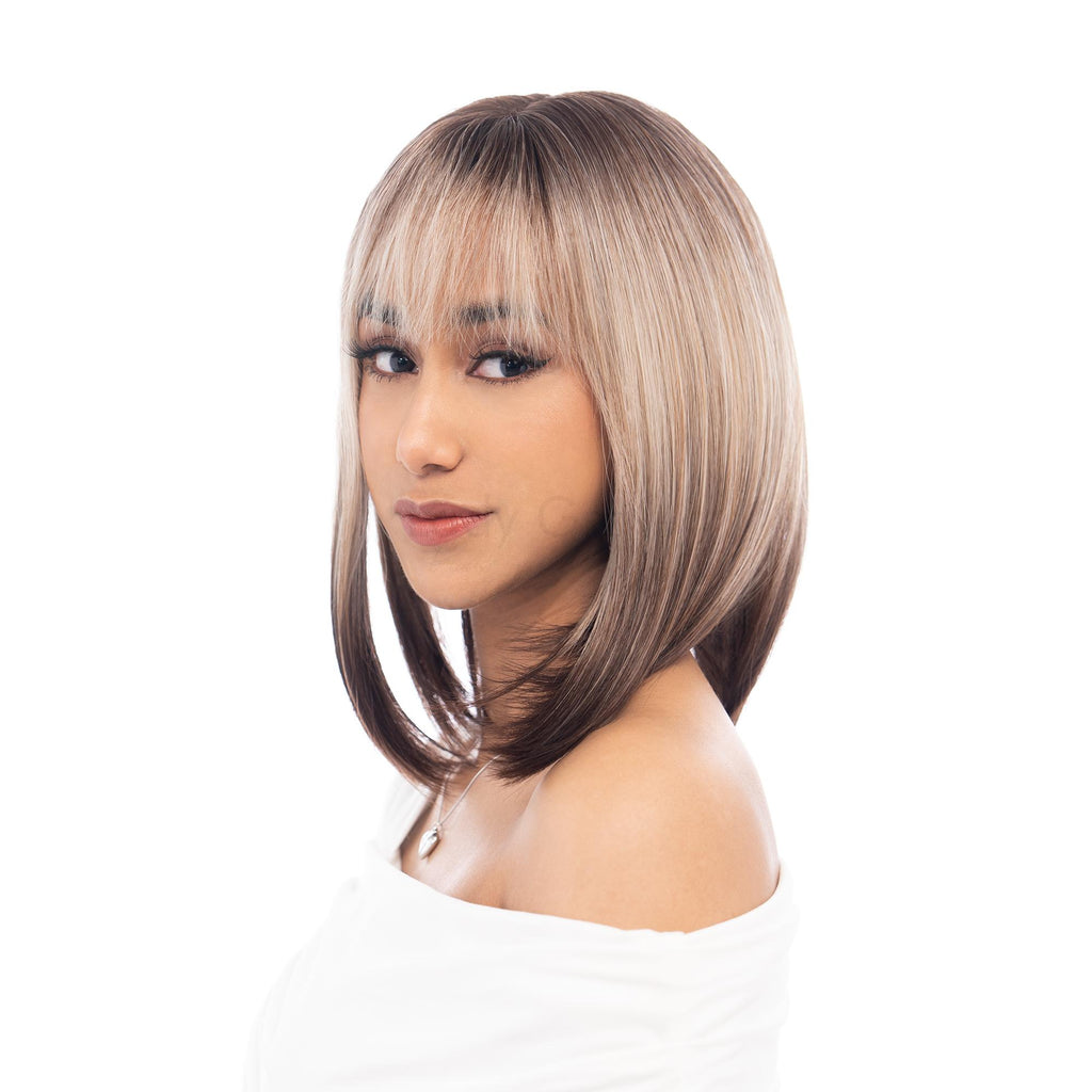 Chocolate Brunette to Light Ash Blonde Gray Reverse Ombré Medium Long Straight HQ Synthetic Wig | 【Bangs】【Wig Cap Included】【250°F Heat Resistant】【Adjustable, Glueless】 | #19