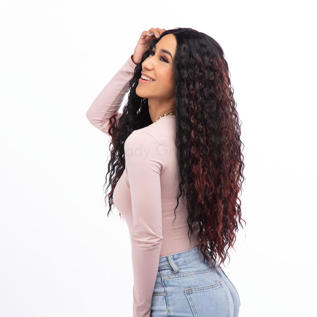 Raven Black with Faded Burgundy Red Underlights Long Water Wave HQ Synthetic Wig | 【Frontal Lace】【Wig Cap Included】【250°F Heat Resistant】 | #18