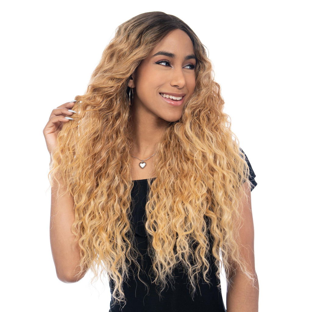 Rich Brunette to Yellowish Blonde Ombre Long Shallow Wave HQ Synthetic Wig | 【Frontal Lace】【Adjustable, Glueless】【250F Heat Resistant】【Cap Included】 | #40