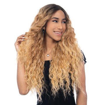 Rich Brunette to Yellowish Blonde Ombre Long Shallow Wave HQ Synthetic Wig | 【Frontal Lace】【Adjustable, Glueless】【250F Heat Resistant】【Cap Included】 | #40