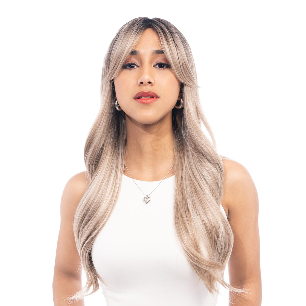 Black Ombre Ash Blonde Long Synthetic HQ Synthetic Wig | 【with Bangs】【Adjustable, Glueless】【USA Stocked】【Cap Included】 | #13