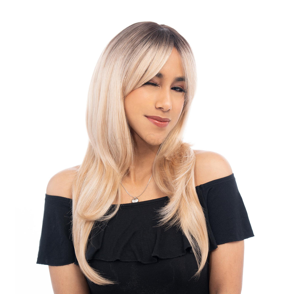 Blackish Brown to Light Straw Gold Blonde Ombré with Platinum Highlights Long Layered Light Wave HQ Synthetic Wig |   【with Bangs】【Adjustable, Glueless】【USA Stocked】【Cap Included】   |    #10