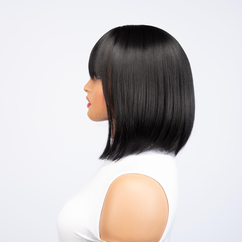 Black 10 inch Straight HQ Synthetic Wig | 【Bangs】【Wig Cap Included】【250°F Heat Resistant】【Adjustable, Glueless】 | #3