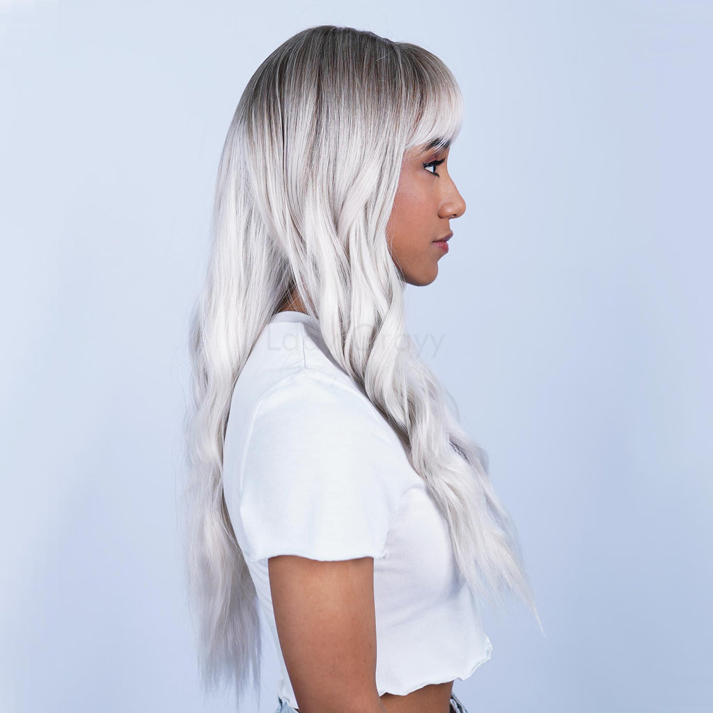 Platinum White Blonde Ombre Long Water Wave HQ Synthetic Wig | 【Bangs】【Wig Cap Included】【250°F Heat Resistant】【Adjustable, Glueless】 | #34