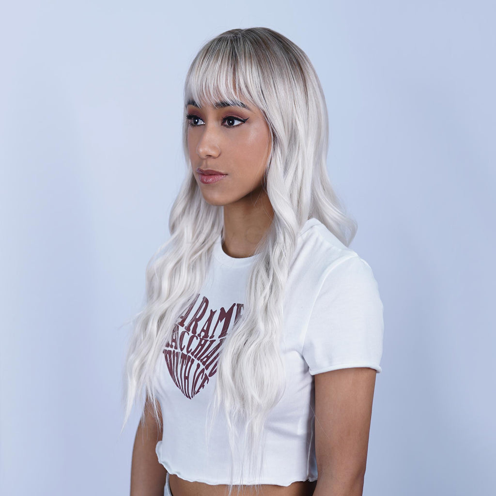 Platinum White Blonde Ombre Long Water Wave HQ Synthetic Wig | 【Bangs】【Wig Cap Included】【250°F Heat Resistant】【Adjustable, Glueless】 | #34