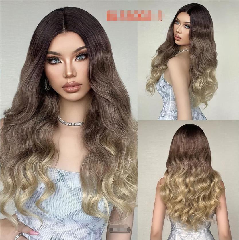 Long Bouncy Waves Medium Gloss Brunette to Dark Cherry-wash Brown/Blonde to Beach Blonde Triple Ombre  Synthetic Wig |【Frontal Lace】【Adjustable, Glueless】【250F Heat Resistant】【Cap Included】| #17