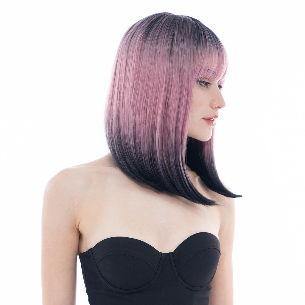 Short (13.8in/35cm) Straight Black & Pink Reverse Ombre Realistic Synthetic Wig (Pre-styled Synthetic Fiber) |【with Bangs】【Adjustable, Glueless】【Cap Included】 |