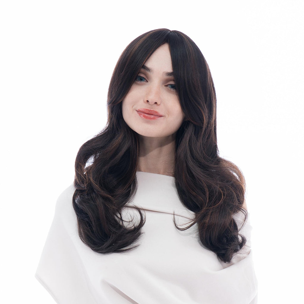 Medium-Long (21.3in/54cm) Wavy Butterfly Cut with Curtain Bangs Deep Chocolate Brunette with Light Auburn Highlights Realistic Synthetic Wig (Pre-styled Synthetic Fiber) |【with Bangs】【Adjustable, Glueless】【Cap Included】 |