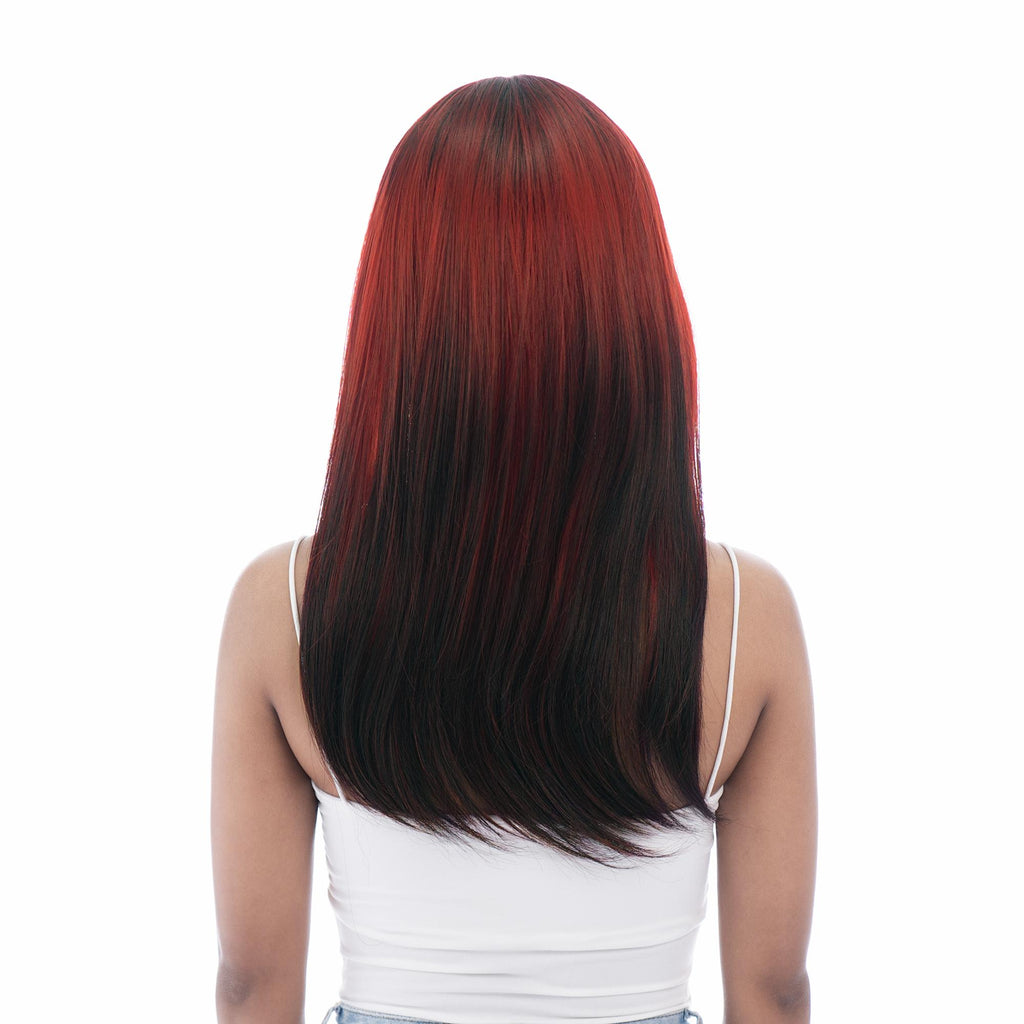 Medium-Long (20.5in/52cm) Straight Vibrant Red to Red-Blended Black Reverse Ombre Realistic Synthetic Wig (Pre-styled Synthetic Fiber) |【with Bangs】【Adjustable, Glueless】【Cap Included】 |