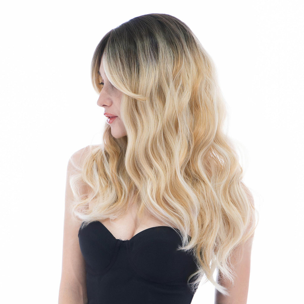 Medium-Long (22.4in/57cm) Messy Beach Wave Dark Ash Brown to Platinum Blonde Ombre with Warm Blonde Underlights Realistic Synthetic Wig (Pre-styled Synthetic Fiber) |【with Bangs】【Adjustable, Glueless】【Cap Included】 |