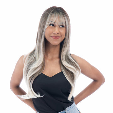 Medium-Long (23.6in/60cm) Flowing Waves with Curtain Bangs Ash Brown & Platinum Blonde Mix Realistic Synthetic Wig (Pre-styled Synthetic Fiber) |【with Bangs】【Adjustable, Glueless】【Cap Included】 |