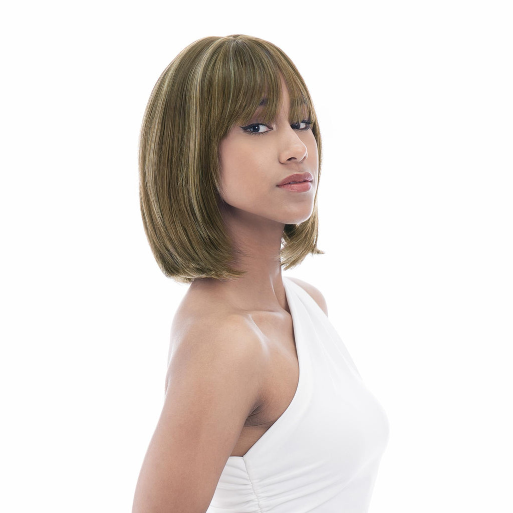 Short (10.6in/27cm) Straight Light Brown with Mixed Light Mahogany & Yellowy-Blonde Highlights Realistic Synthetic Wig (Pre-styled Synthetic Fiber) |【with Bangs】【Adjustable, Glueless】【Cap Included】 |