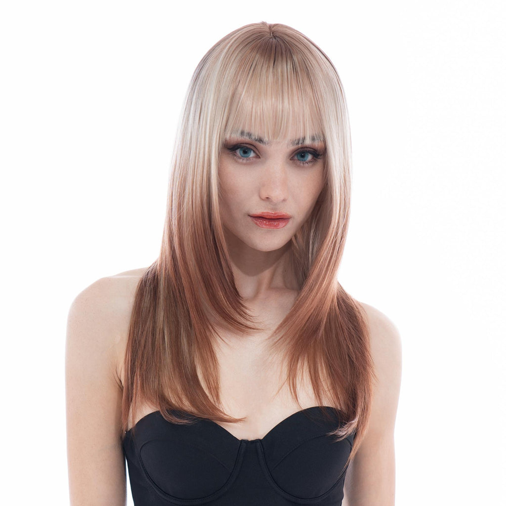 Medium-Long (21.3in/54cm) Straight Wolf Cut Platinum Blonde Ginger Brown Reverse Ombre Realistic Synthetic Wig (Pre-styled Synthetic Fiber) |【with Bangs】【Adjustable, Glueless】【Cap Included】 |