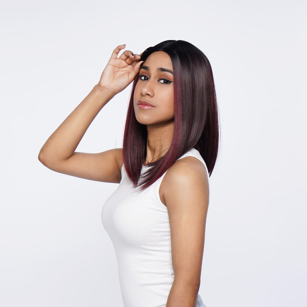 Black Dark Cherry Ombré Lob Straight Inward Curve HQ Synthetic Wig |  【Wig Cap Included】【250°F Heat Resistant】【Adjustable, Glueless】| #7