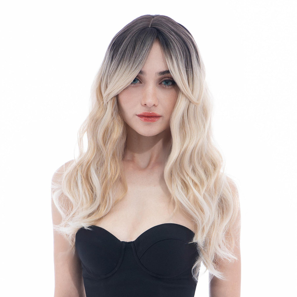 Medium-Long (22.4in/57cm) Messy Beach Wave Dark Ash Brown to Platinum Blonde Ombre with Warm Blonde Underlights Realistic Synthetic Wig (Pre-styled Synthetic Fiber) |【with Bangs】【Adjustable, Glueless】【Cap Included】 |