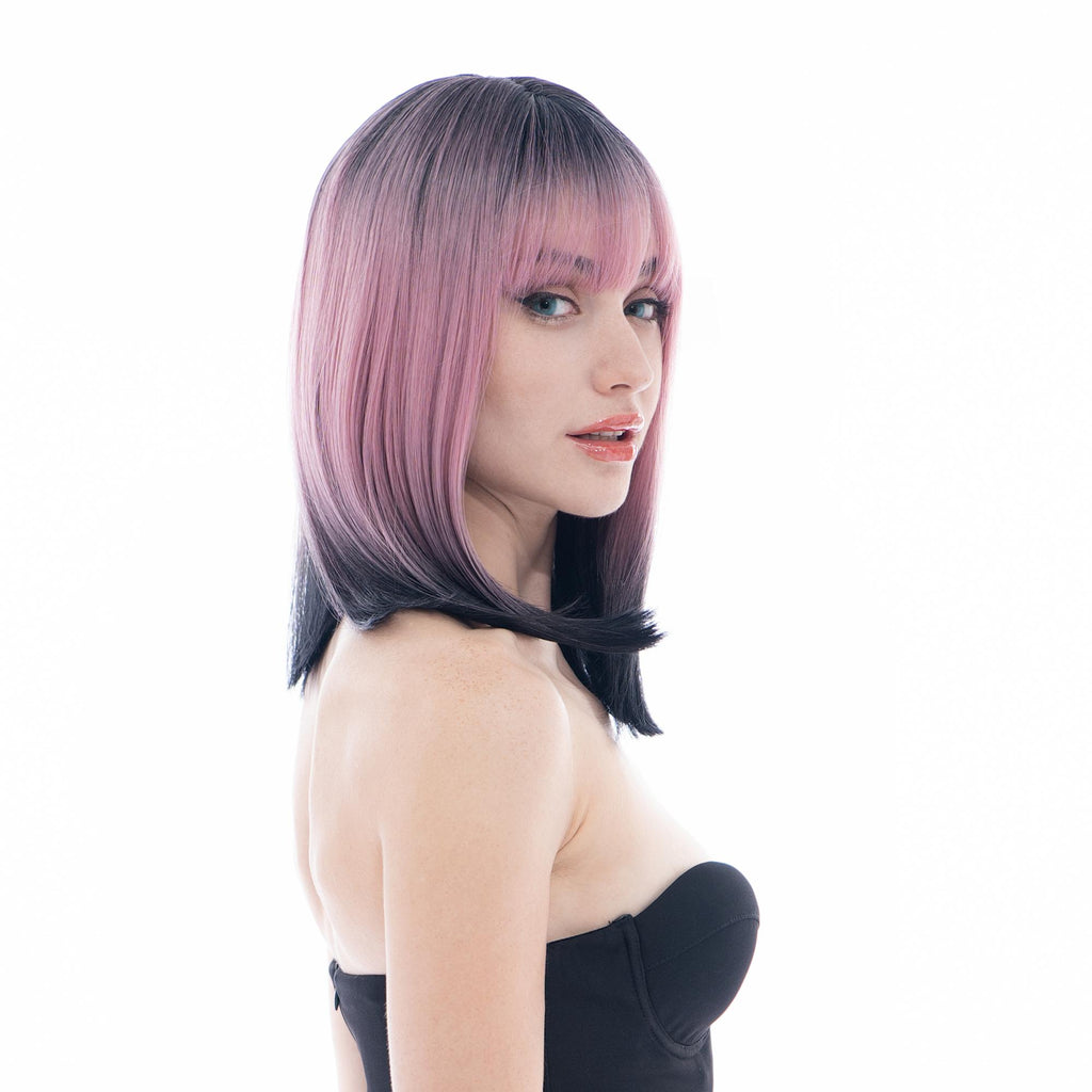 Short (13.8in/35cm) Straight Black & Pink Reverse Ombre Realistic Synthetic Wig (Pre-styled Synthetic Fiber) |【with Bangs】【Adjustable, Glueless】【Cap Included】 |