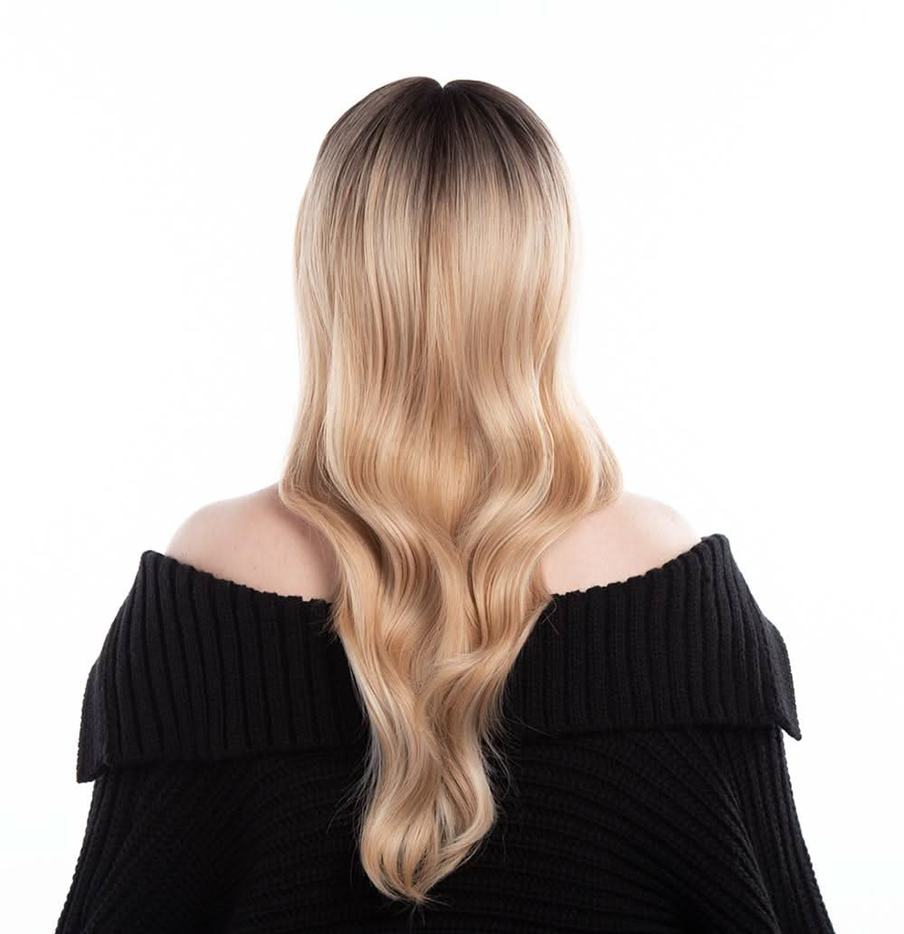 Bronzey Light Gold Blonde Ombré with Medium-high Sheen Long Gentle Open Waves HQ Synthetic Wig |  【Bangs】【Adjustable, Glueless】【250F Heat Resistant】【Cap Included】|#22