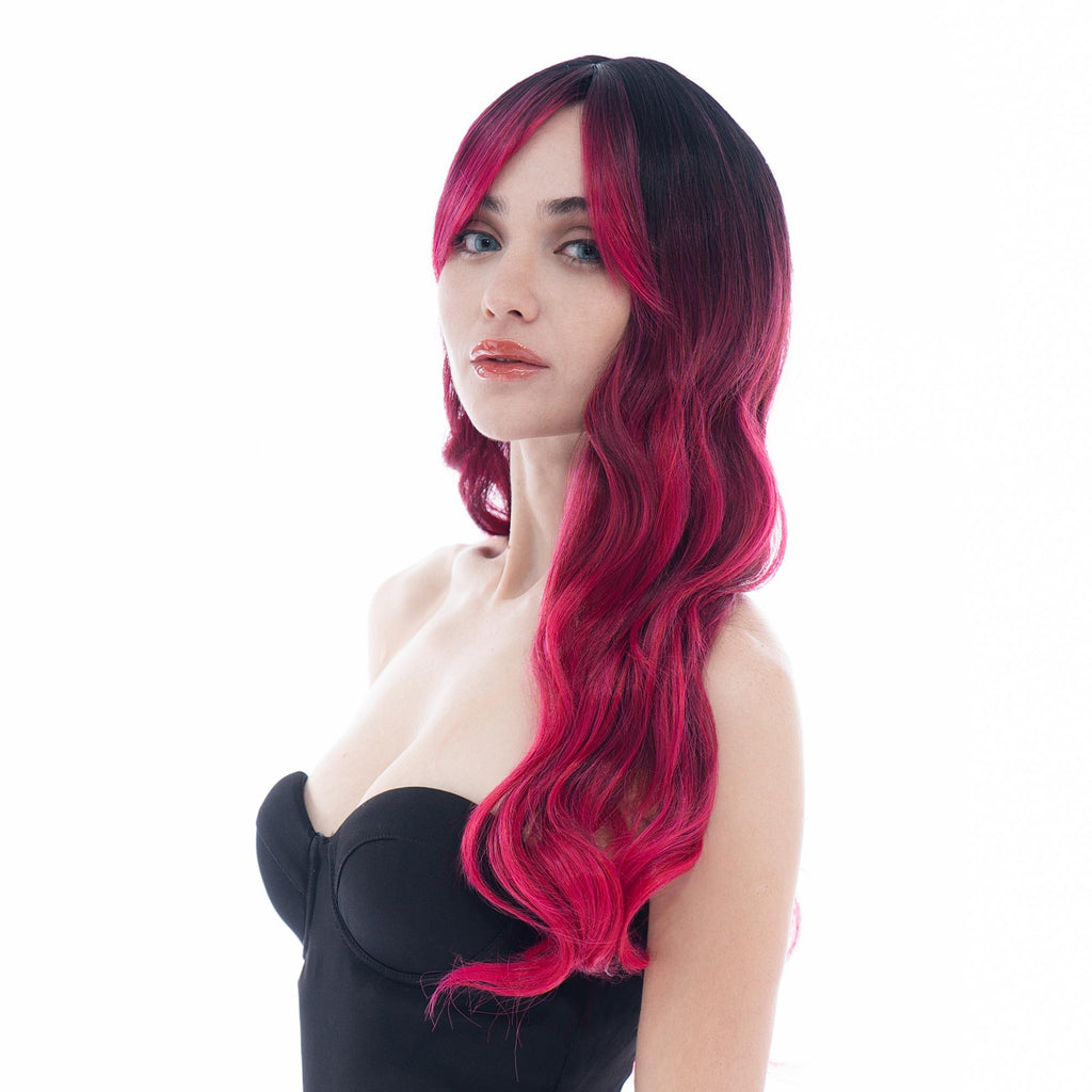 Medium-Long (22.4in/57cm) Wavy Black to Fuscia Pink Ombre Realistic Synthetic Wig (Pre-styled Synthetic Fiber) |【with Bangs】【Adjustable, Glueless】【Cap Included】 |