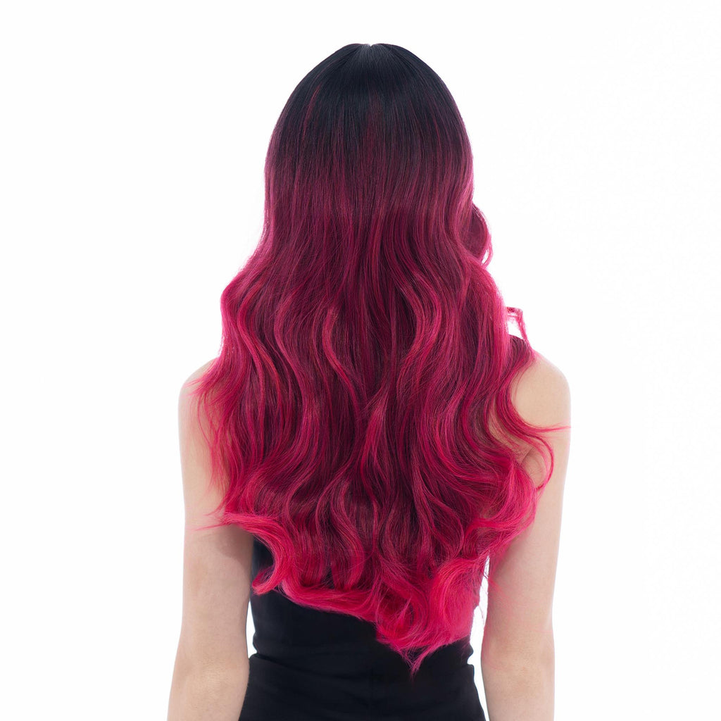 Medium-Long (22.4in/57cm) Wavy Black to Fuscia Pink Ombre Realistic Synthetic Wig (Pre-styled Synthetic Fiber) |【with Bangs】【Adjustable, Glueless】【Cap Included】 |