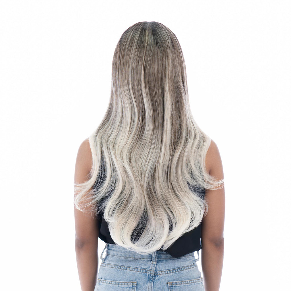 Medium-Long (23.6in/60cm) Flowing Waves with Curtain Bangs Ash Brown & Platinum Blonde Mix Realistic Synthetic Wig (Pre-styled Synthetic Fiber) |【with Bangs】【Adjustable, Glueless】【Cap Included】 |