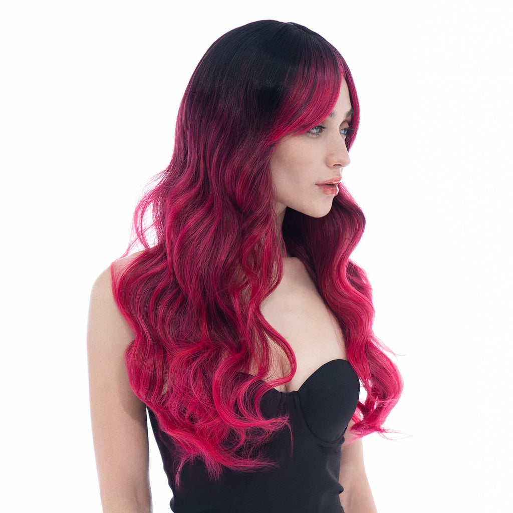 Medium-Long (22.4in/57cm) Wavy Black to Fuscia Pink Ombre Realistic Synthetic Wig (Pre-styled Synthetic Fiber) |【with Bangs】【Adjustable, Glueless】【Cap Included】 |