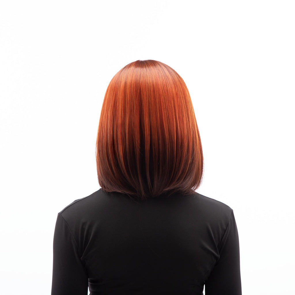 Dark Auburn Brown, Fiery Orange Medium Short Straight HQ Synthetic Wig |  【with Bangs】【Adjustable, Glueless】【Cap Included】【USA Stocked】|#6