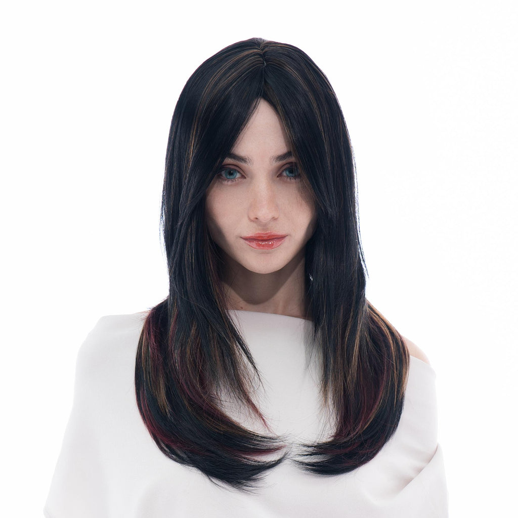 Medium-Long (21.7in/55cm) Straight Butterfly Cut Black with Yellowy-Blonde and Cherry Wine Double Tone Underlights Realistic Synthetic Wig (Pre-styled Synthetic Fiber) |【with Bangs】【Adjustable, Glueless】【Cap Included】 |