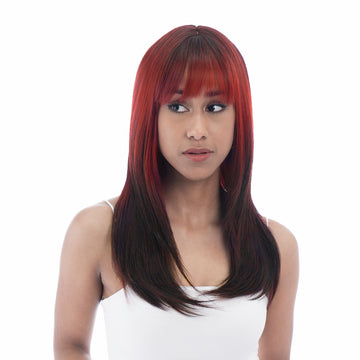 Medium-Long (20.5in/52cm) Straight Vibrant Red to Red-Blended Black Reverse Ombre Realistic Synthetic Wig (Pre-styled Synthetic Fiber) |【with Bangs】【Adjustable, Glueless】【Cap Included】 |