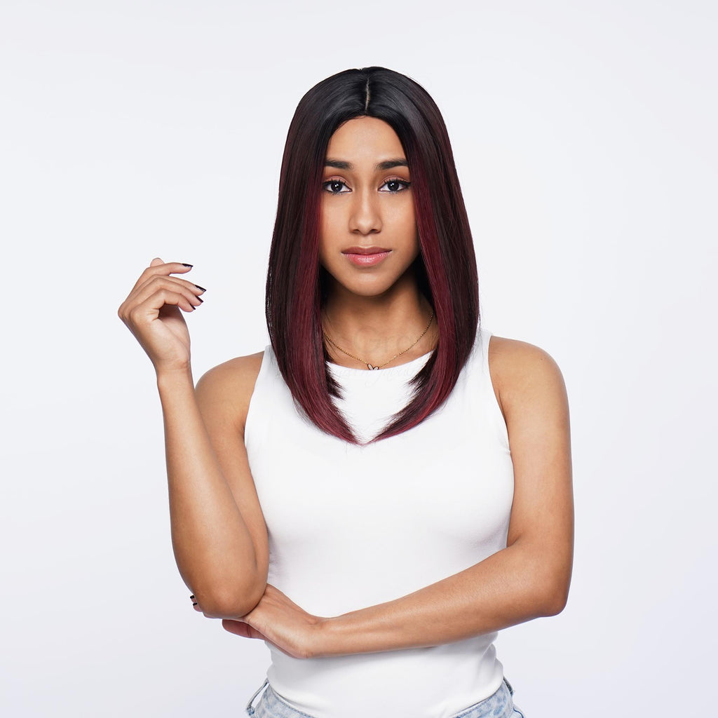 Black Dark Cherry Ombré Lob Straight Inward Curve HQ Synthetic Wig |  【Wig Cap Included】【250°F Heat Resistant】【Adjustable, Glueless】| #7